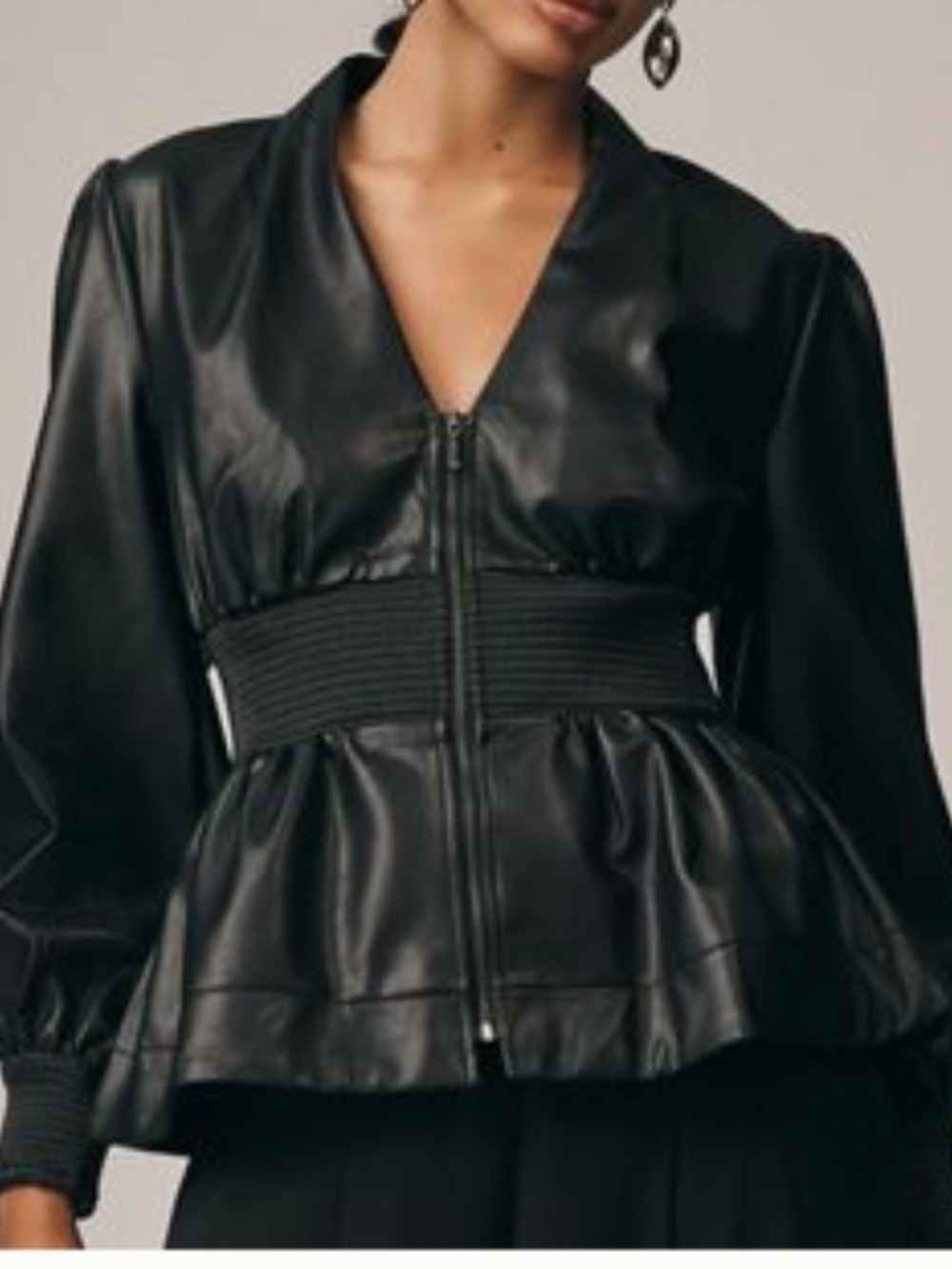 The Tommie Long-Sleeve Faux Leather Smocked Front-Zip Blouse, Size XS